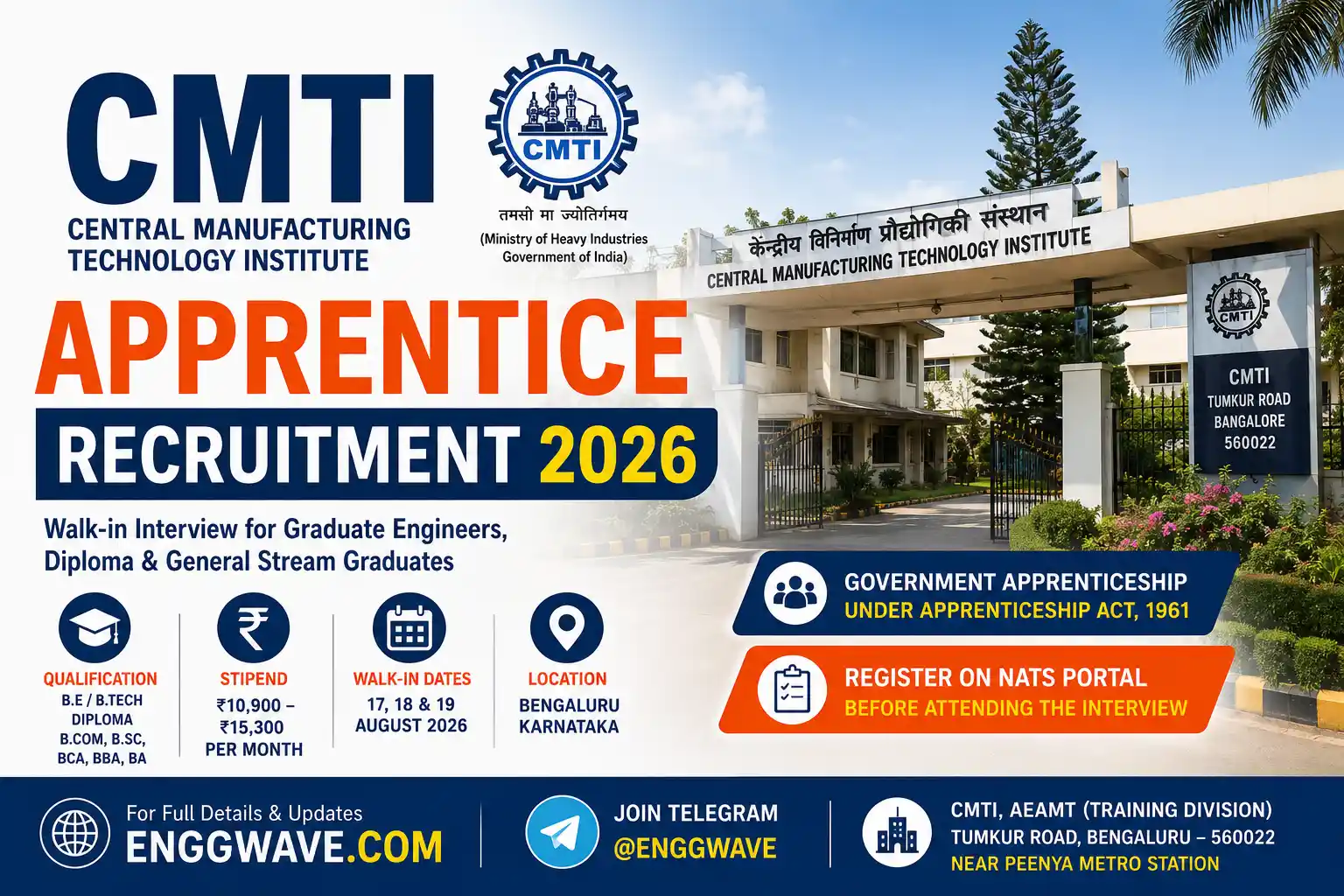 CMTI Apprentice Recruitment 2026 Walk-in Interview for Graduate Engineers Diploma Apprentices and General Stream Graduates