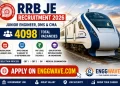 RRB JE Recruitment 2026 featured image showing 4,098 Railway Junior Engineer, DMS and CMA vacancies with a modern Vande Bharat train and Apply Online at Enggwave.com.