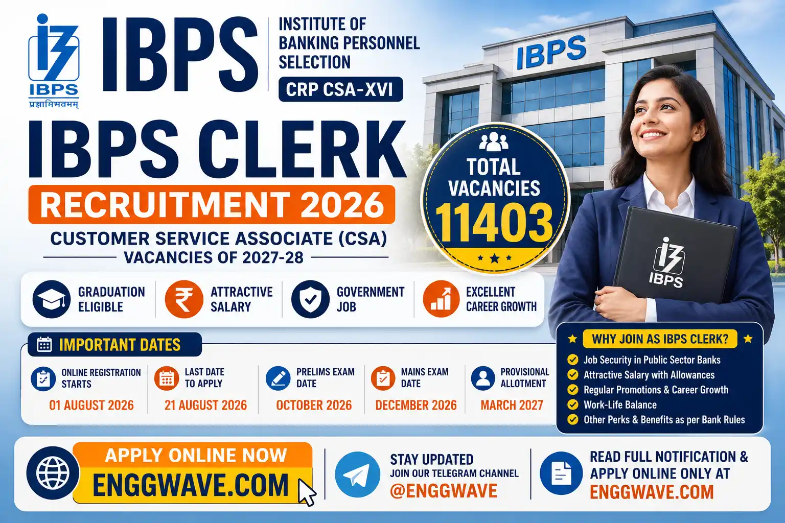 IBPS Clerk Recruitment 2026 notification poster for 11,403 Customer Service Associate CSA vacancies in Public Sector Banks